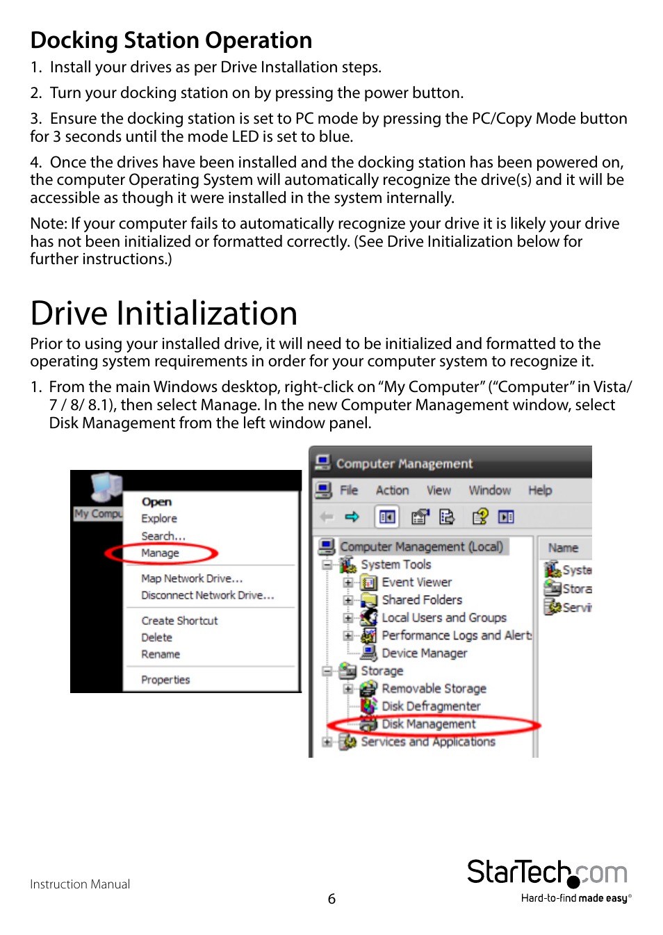 Docking station operation, Drive initialization | StarTech.com SDOCK2U33RE User Manual | Page 9 / 14