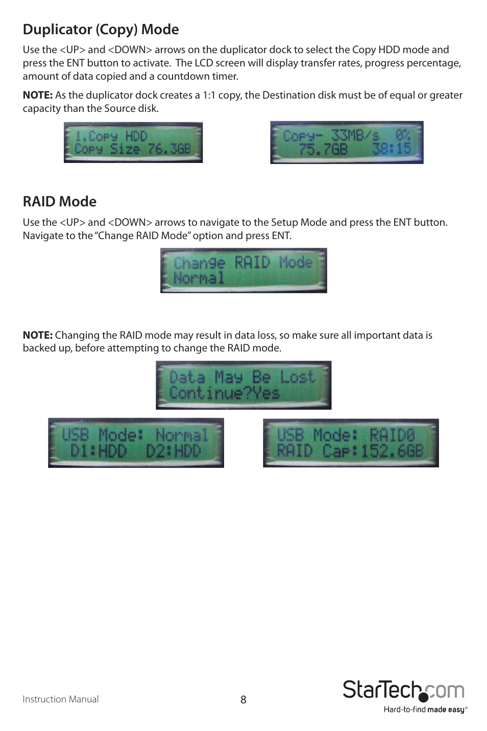 Duplicator (copy) mode, Raid mode | StarTech.com UNIDUPDOCK User Manual | Page 11 / 15