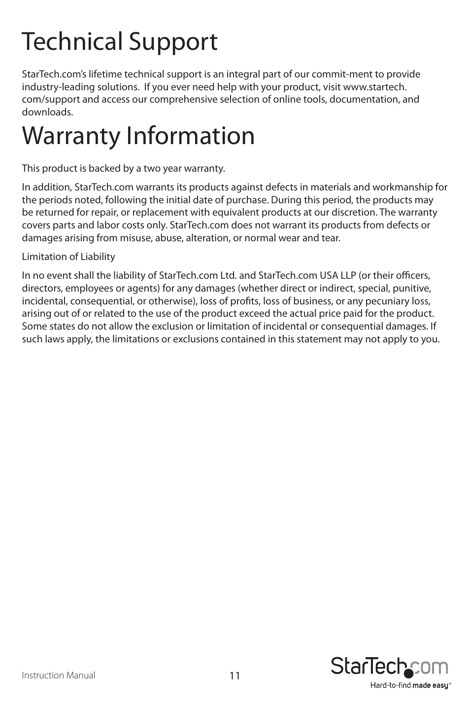 Technical support, Warranty information | StarTech.com UNIDUPDOCK User Manual | Page 14 / 15