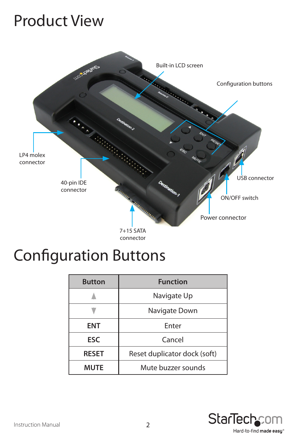 Configuration buttons, Product view | StarTech.com UNIDUPDOCK User Manual | Page 5 / 15