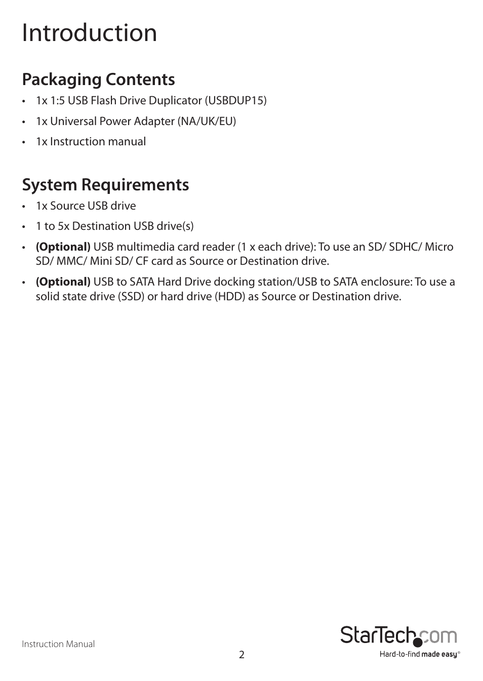 Introduction, Packaging contents, System requirements | StarTech.com USBDUP15 User Manual | Page 5 / 18