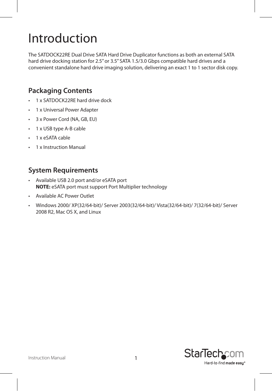 Introduction, Packaging contents, System requirements | StarTech.com SATDOCK22RE User Manual | Page 4 / 10