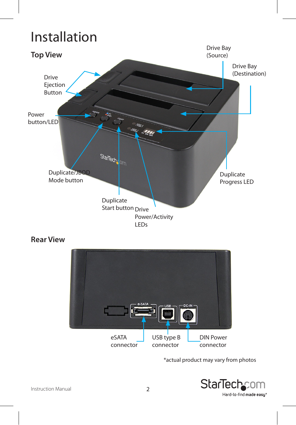 Installation, Rear view, Top view | StarTech.com SATDOCK22RE User Manual | Page 5 / 10