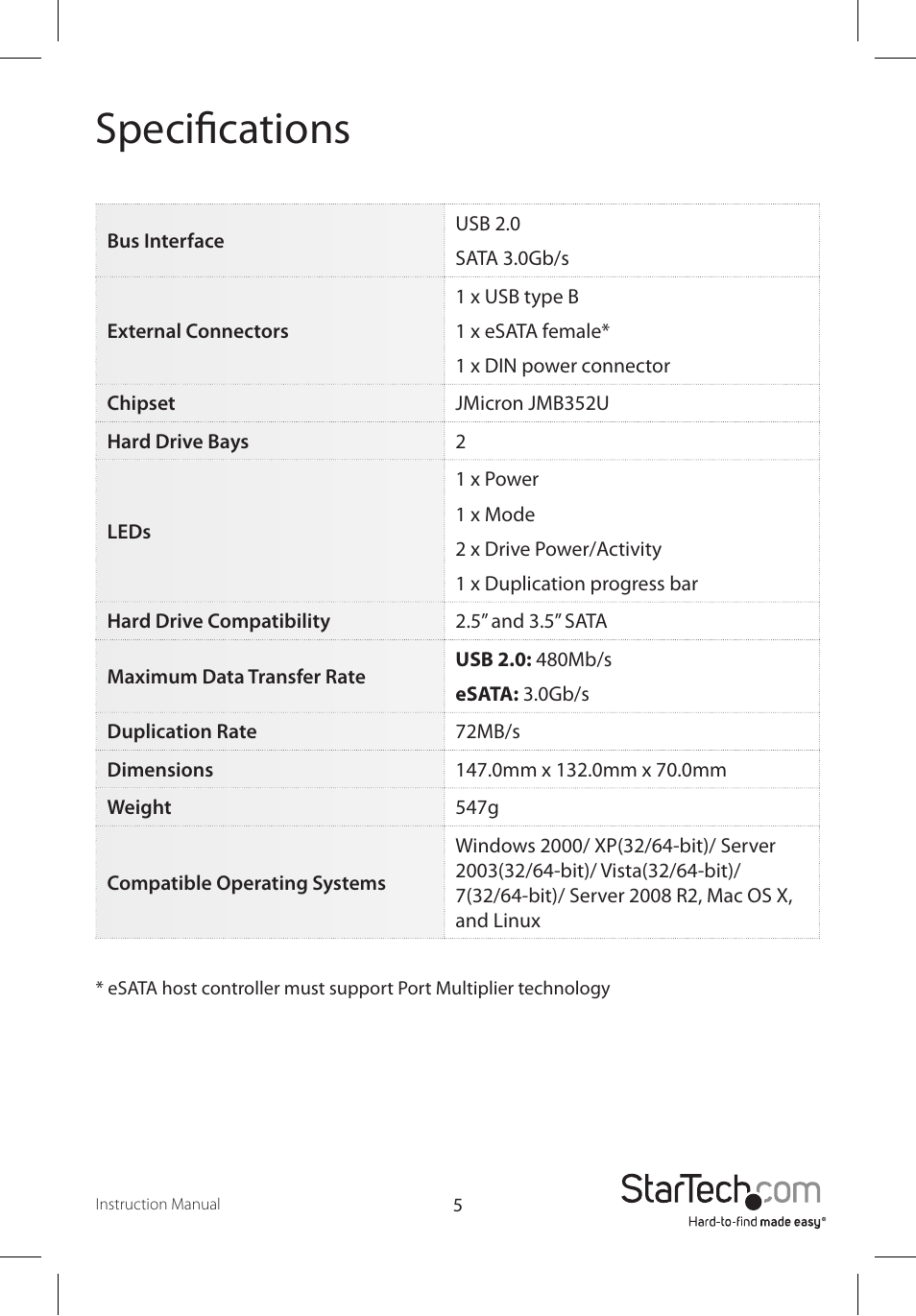 Specifications | StarTech.com SATDOCK22RE User Manual | Page 8 / 10