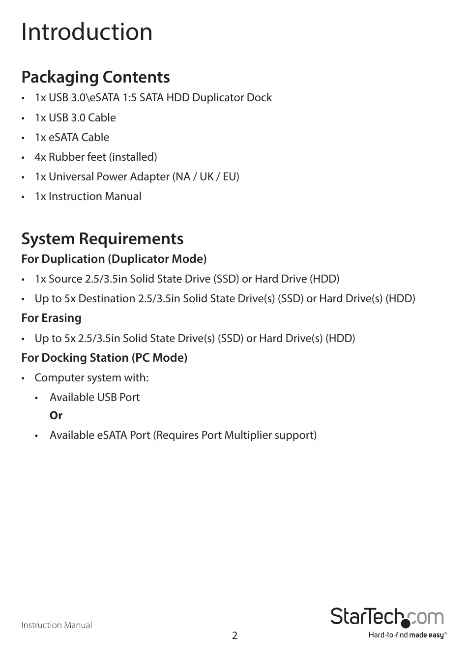 Introduction, Packaging contents, System requirements | StarTech.com SATDOCK5U3ER User Manual | Page 5 / 16