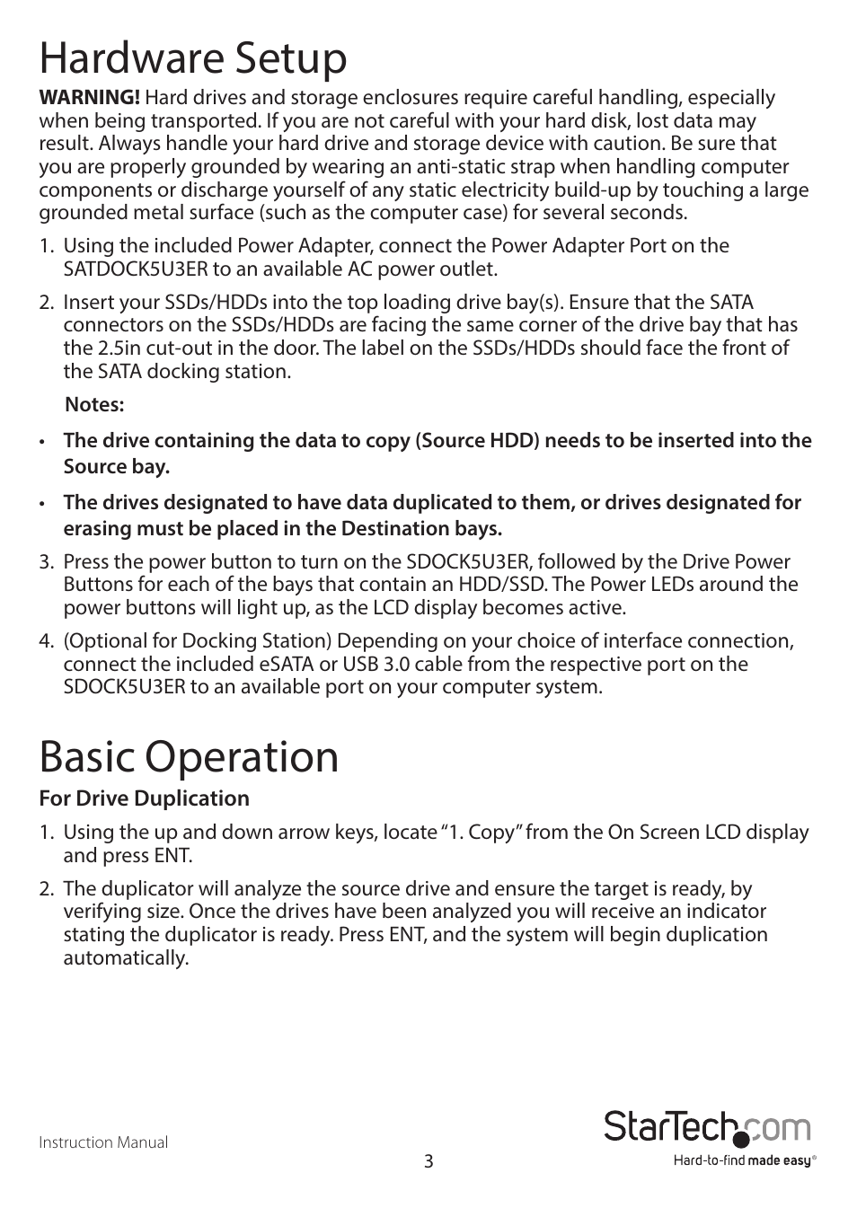 Hardware setup, Basic operation | StarTech.com SATDOCK5U3ER User Manual | Page 6 / 16