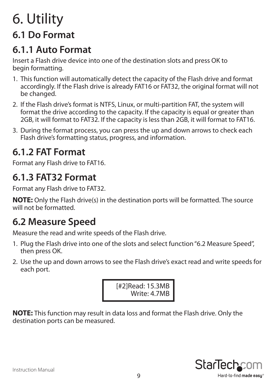 Utility, 1 do format 6.1.1 auto format, 2 fat format | 3 fat32 format, 2 measure speed | StarTech.com USBDUP12 User Manual | Page 13 / 20