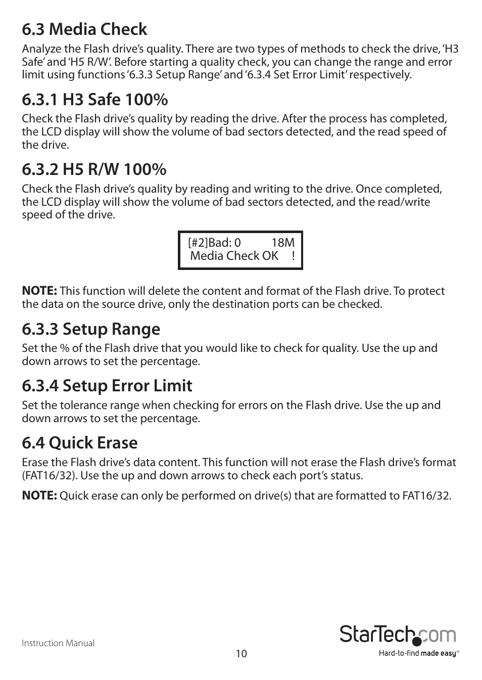 3 media check, 3 setup range, 4 setup error limit | 4 quick erase | StarTech.com USBDUP12 User Manual | Page 14 / 20