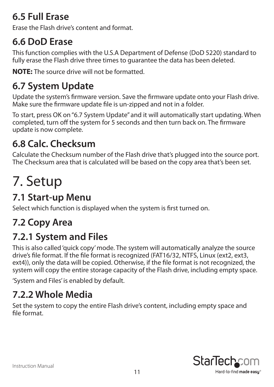 Setup, 5 full erase, 6 dod erase | 7 system update, 8 calc. checksum, 1 start-up menu, 2 copy area 7.2.1 system and files, 2 whole media | StarTech.com USBDUP12 User Manual | Page 15 / 20