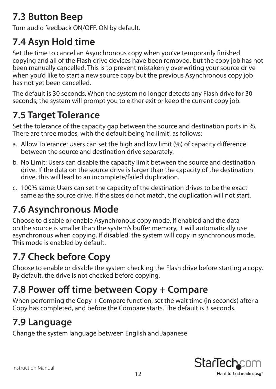 3 button beep, 4 asyn hold time, 5 target tolerance | 6 asynchronous mode, 7 check before copy, 8 power off time between copy + compare, 9 language | StarTech.com USBDUP12 User Manual | Page 16 / 20