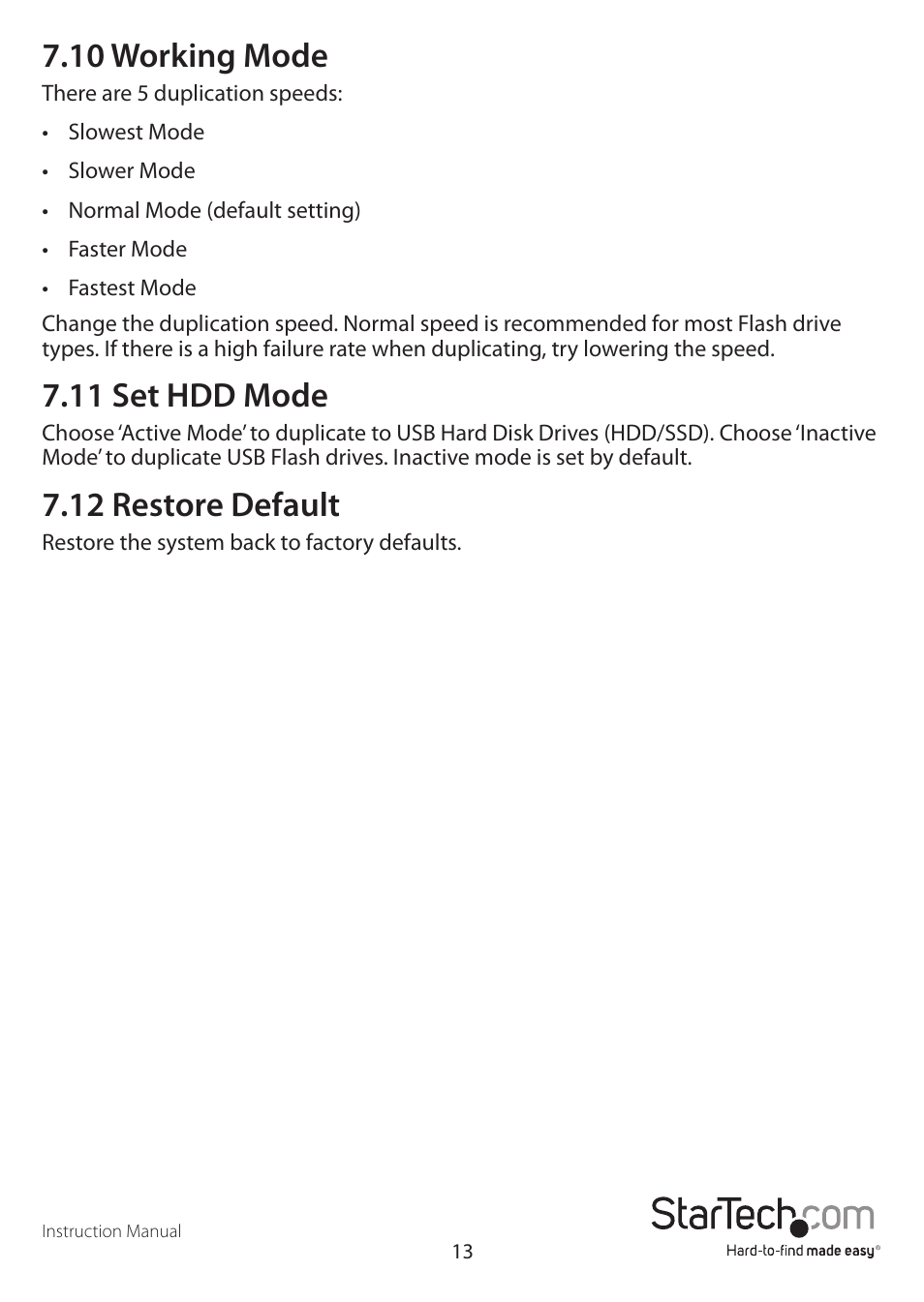 10 working mode, 11 set hdd mode, 12 restore default | StarTech.com USBDUP12 User Manual | Page 17 / 20