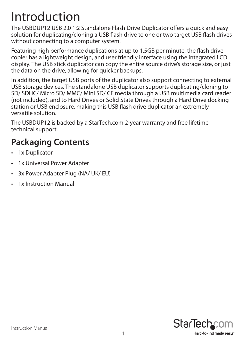 Introduction, Packaging contents | StarTech.com USBDUP12 User Manual | Page 5 / 20