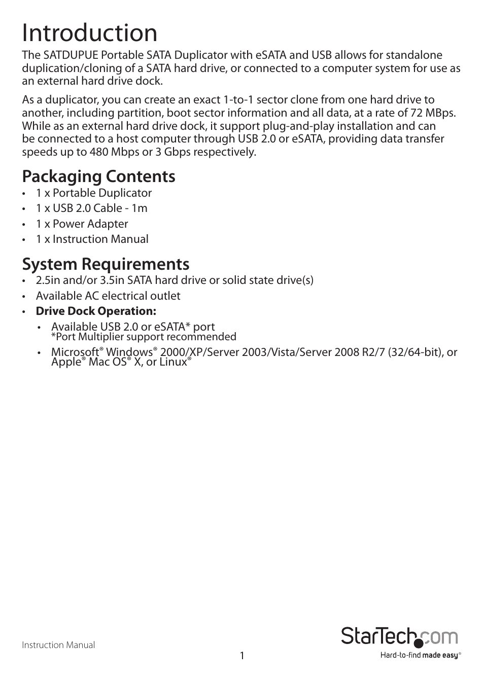 Introduction, Packaging contents, System requirements | StarTech.com SATDUPUEGB User Manual | Page 4 / 10