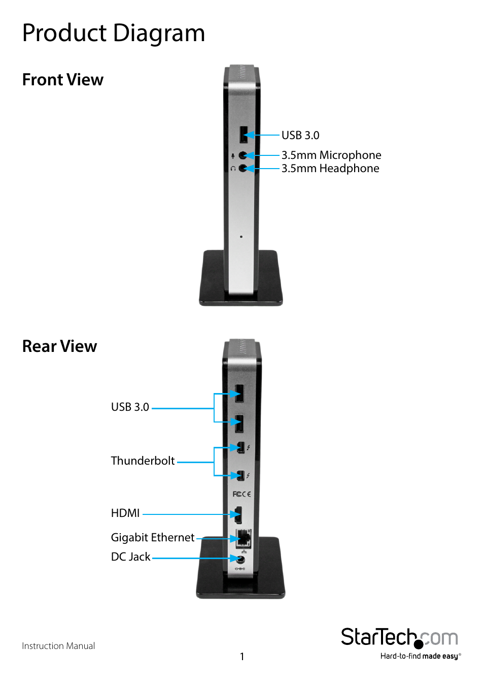 Product diagram, Front view, Rear view | Front view rear view | StarTech.com TBDOCKHDPBC Manual User Manual | Page 4 / 16