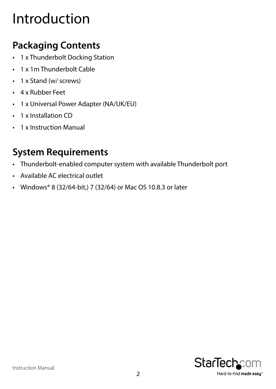 Introduction, Packaging contents, System requirements | Packaging contents system requirements | StarTech.com TBDOCKHDPBC Manual User Manual | Page 5 / 16