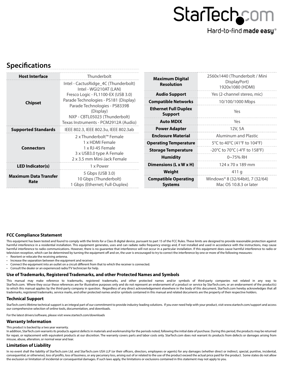 Specifications | StarTech.com TBDOCKHDPBC Quick Start User Manual | Page 2 / 2