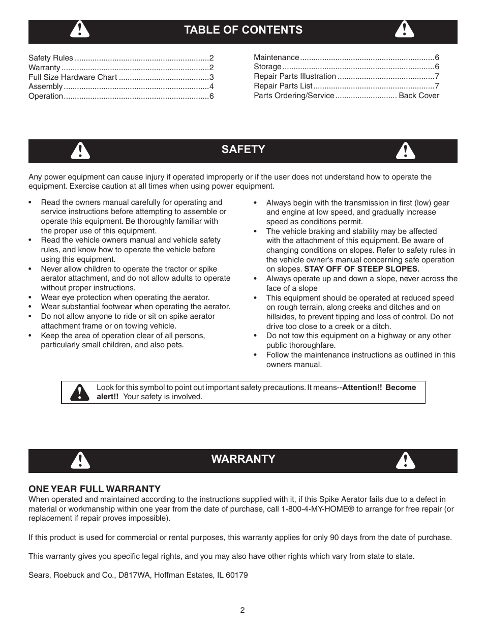 Table of contents warranty, Safety | Craftsman 486.243361 User Manual | Page 2 / 8