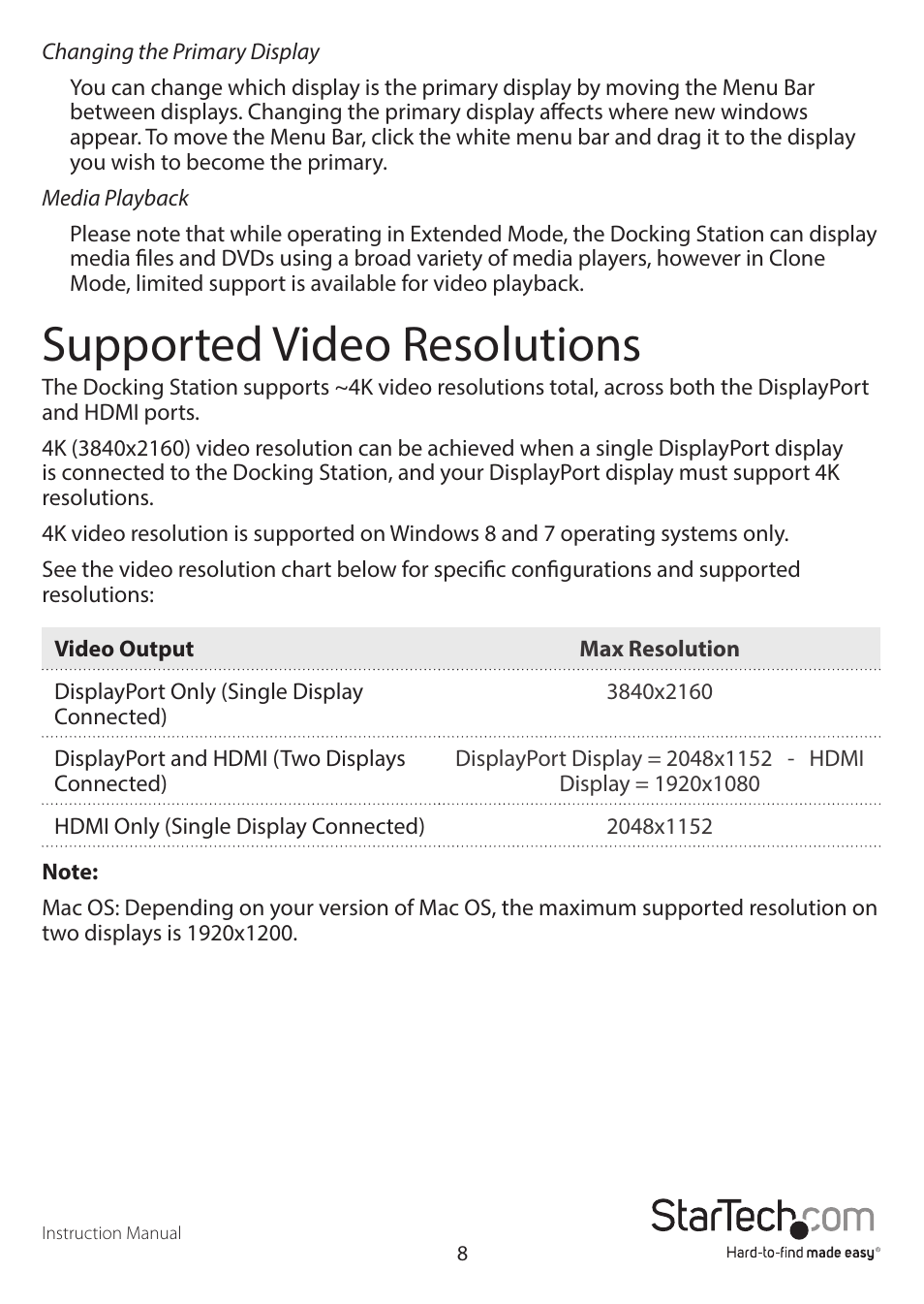Supported video resolutions | StarTech.com USB3DOCKHDPC User Manual | Page 11 / 13