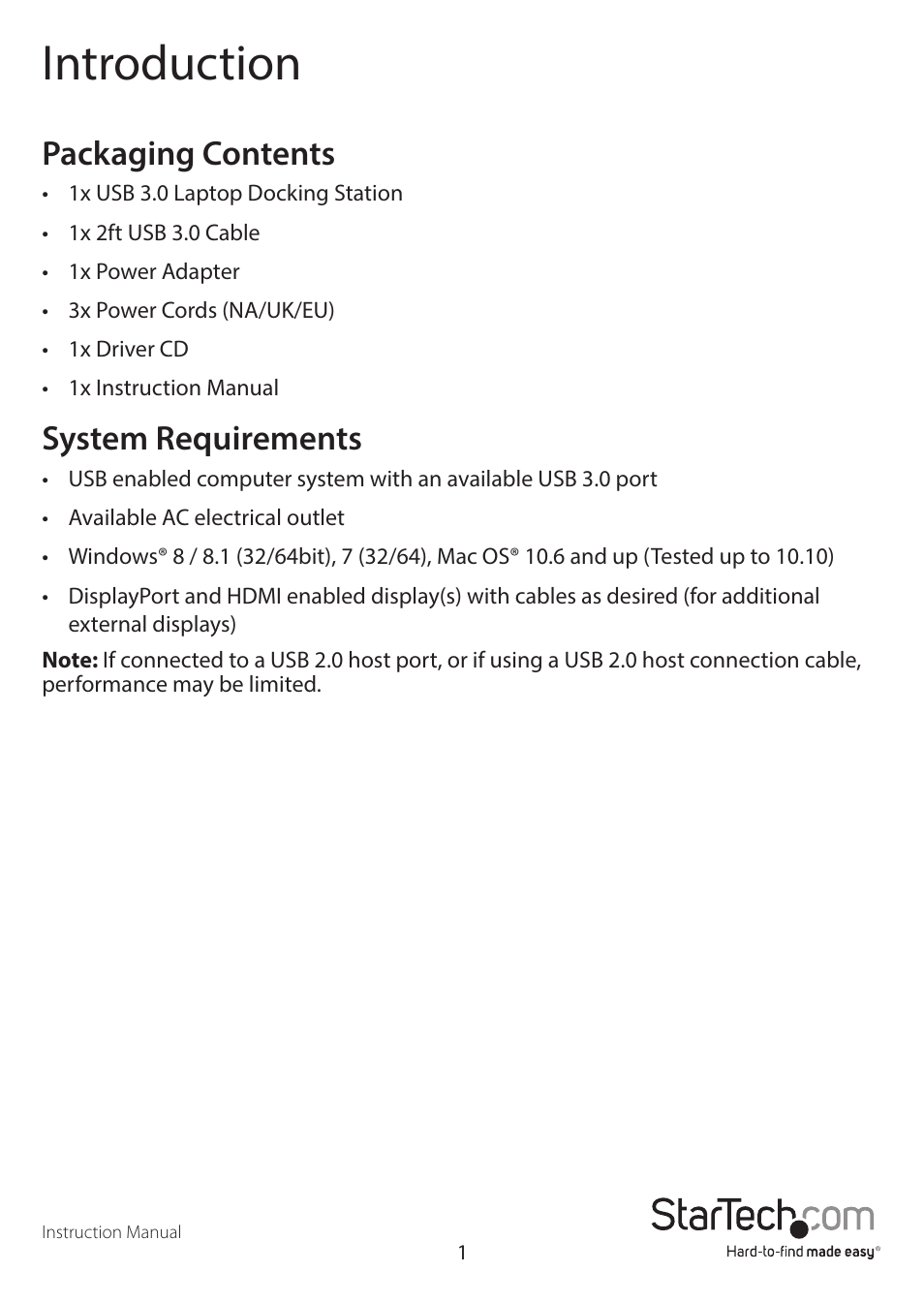 Introduction, Packaging contents, System requirements | StarTech.com USB3DOCKHDPC User Manual | Page 4 / 13