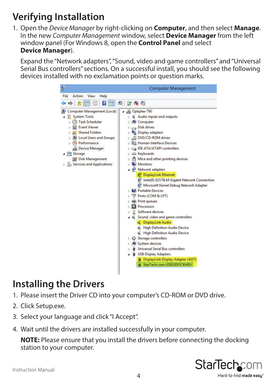 Verifying installation, Installing the drivers | StarTech.com USB3SDOCKHDV User Manual | Page 7 / 16