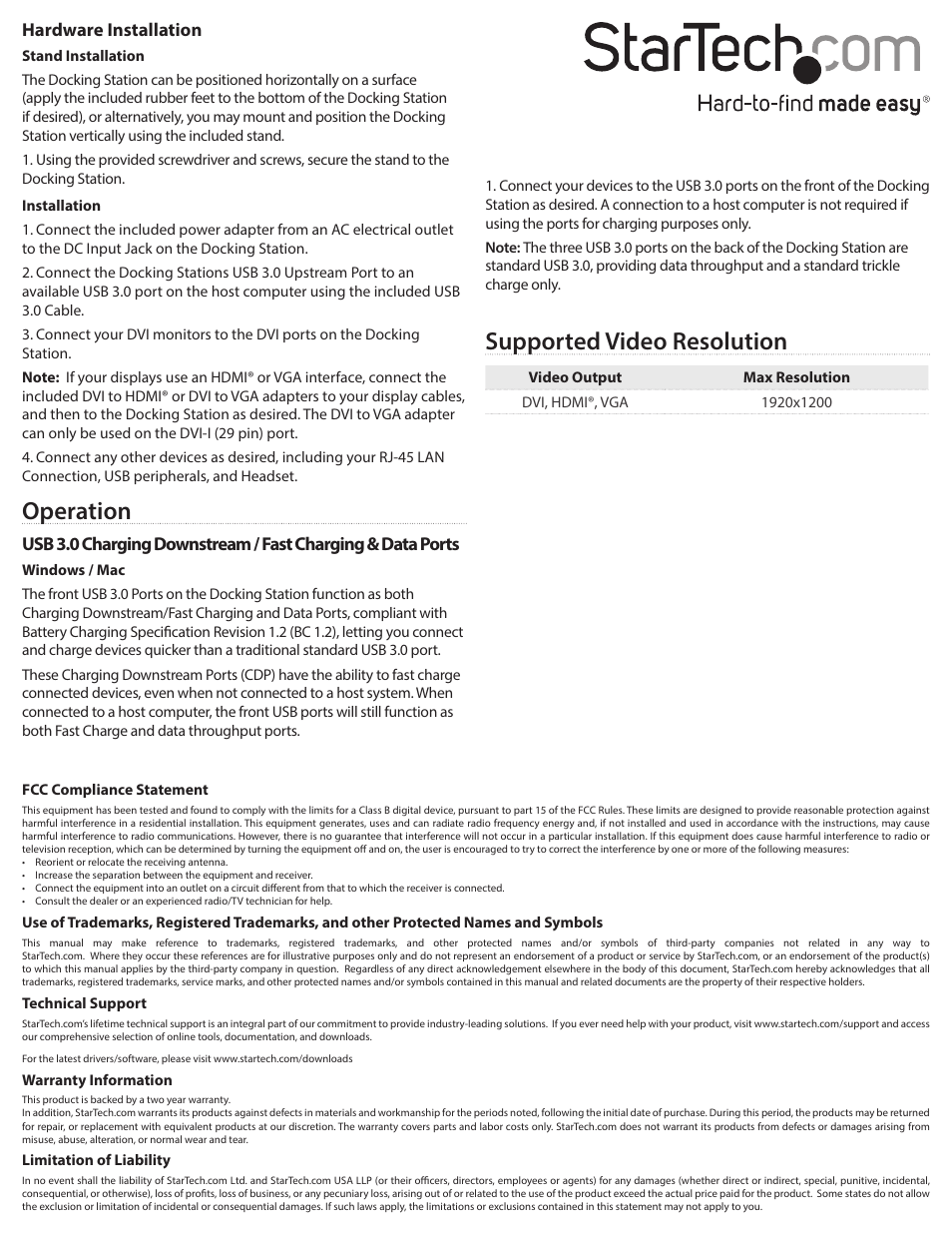 Supported video resolution, Operation, Hardware installation | StarTech.com USB3SDOCKDD User Manual | Page 2 / 2