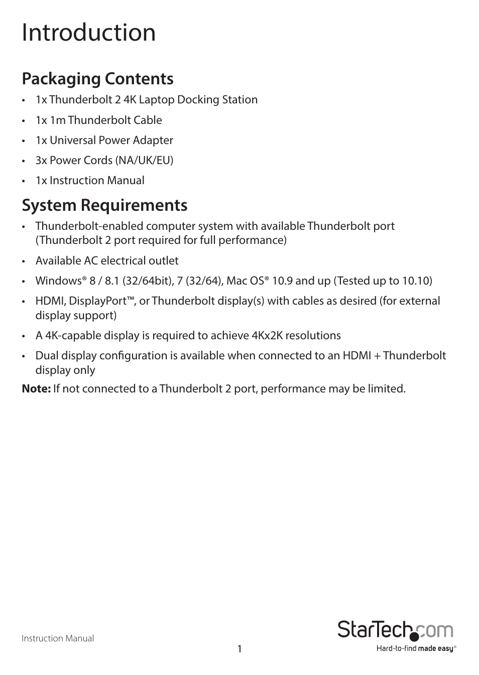 Introduction, Packaging contents, System requirements | StarTech.com TB2DOCK4KDHC User Manual | Page 4 / 10