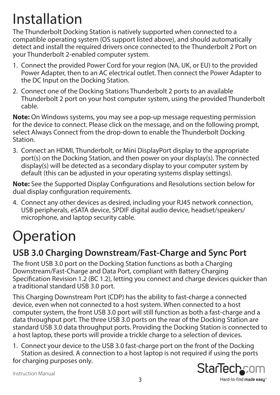 Installation, Operation | StarTech.com TB2DOCK4KDHC User Manual | Page 6 / 10