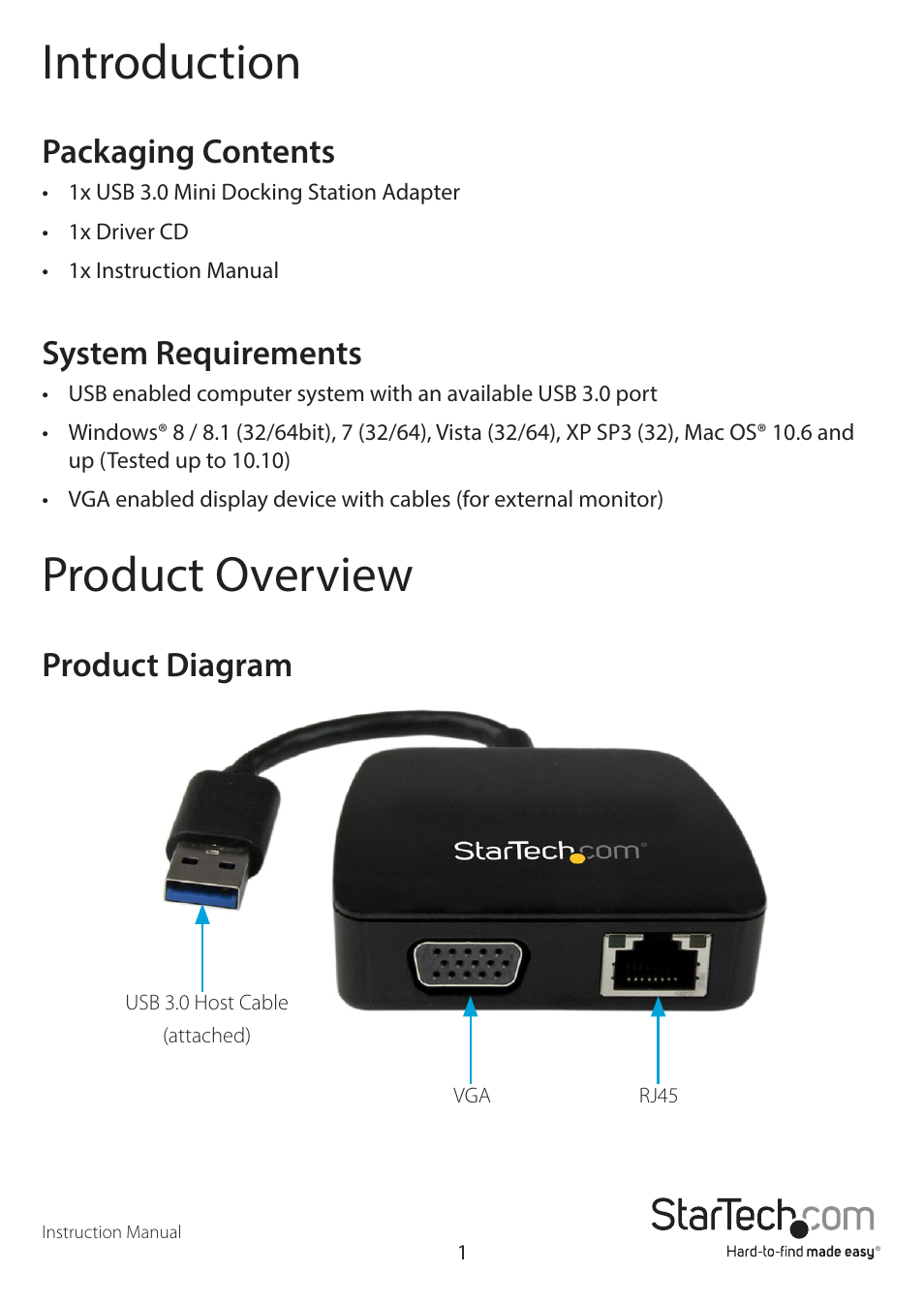 Introduction, Product overview, Packaging contents | System requirements, Product diagram | StarTech.com USB31GEVG User Manual | Page 4 / 14