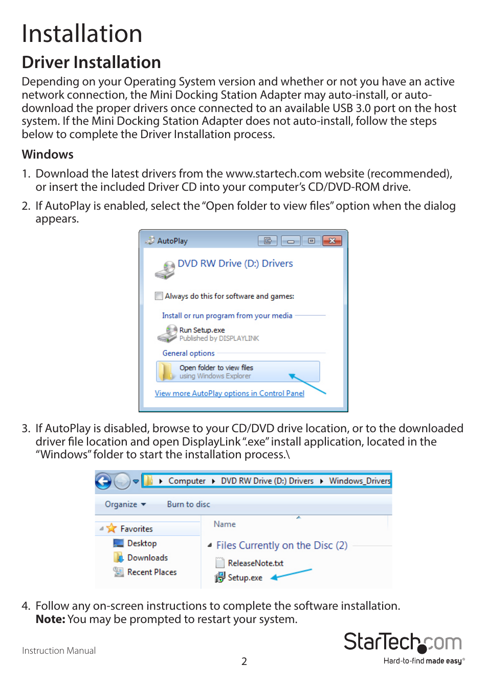 Installation, Driver installation | StarTech.com USB31GEVG User Manual | Page 5 / 14