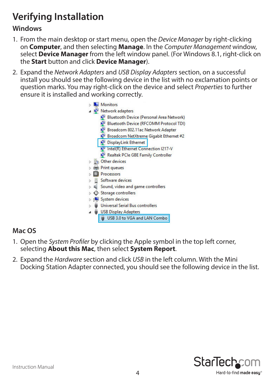 Verifying installation | StarTech.com USB31GEVG User Manual | Page 7 / 14