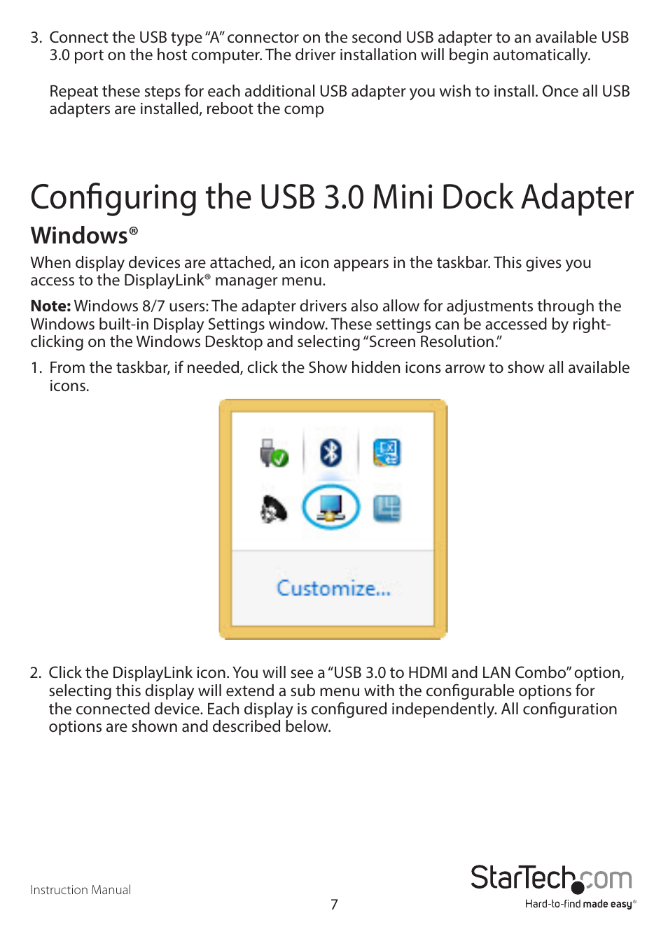 Configuring the usb 3.0 mini dock adapter, Windows | StarTech.com USB31GEHD User Manual | Page 10 / 16
