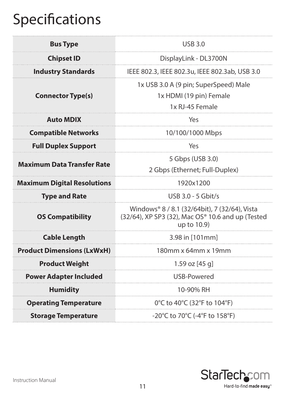 Specifications | StarTech.com USB31GEHD User Manual | Page 14 / 16