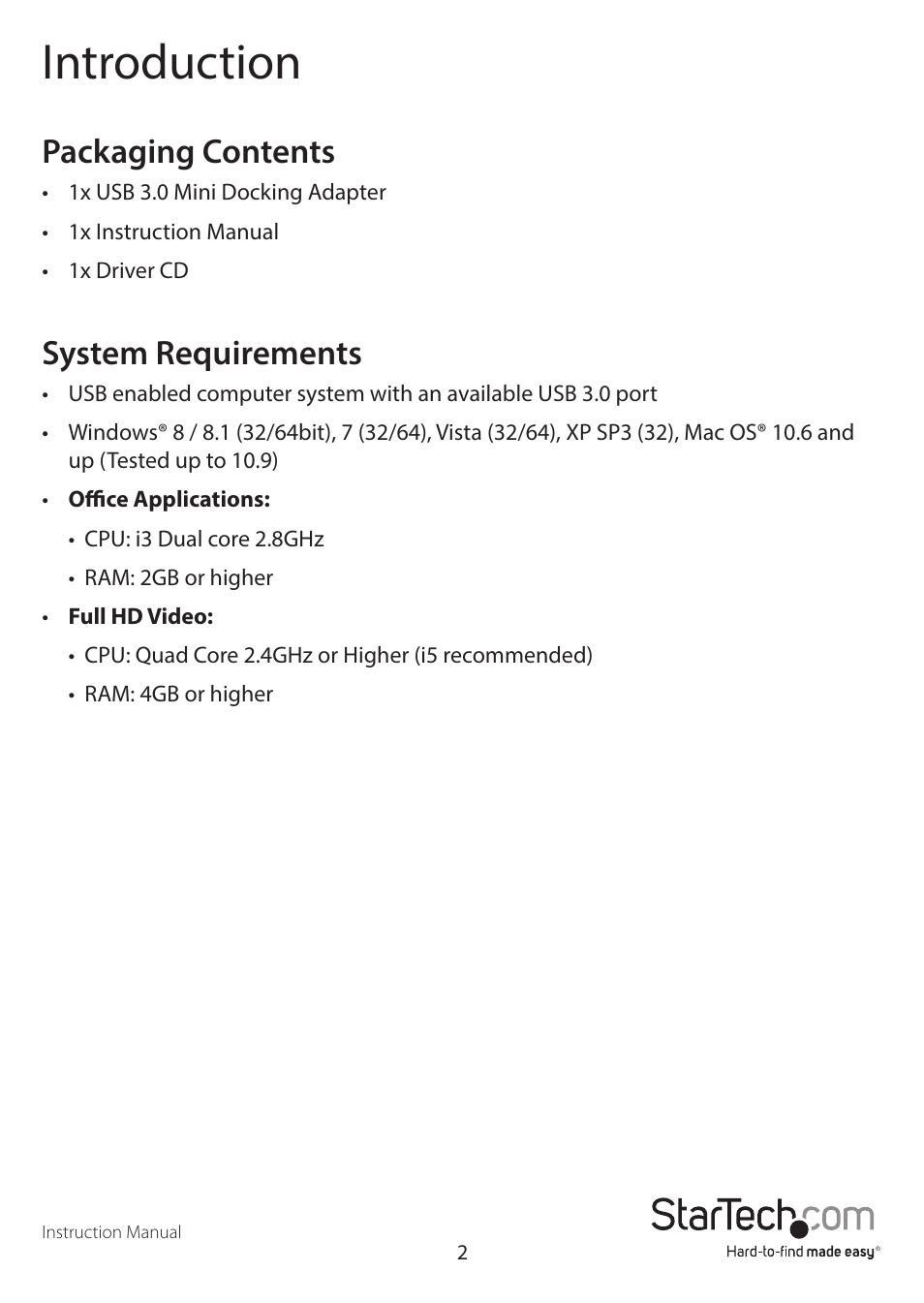 Introduction, Packaging contents, System requirements | StarTech.com USB31GEHD User Manual | Page 5 / 16