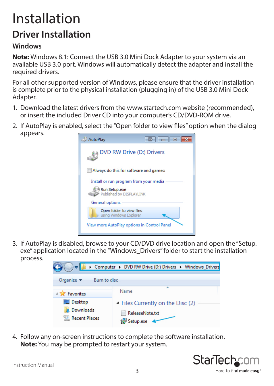 Installation, Driver installation | StarTech.com USB31GEHD User Manual | Page 6 / 16