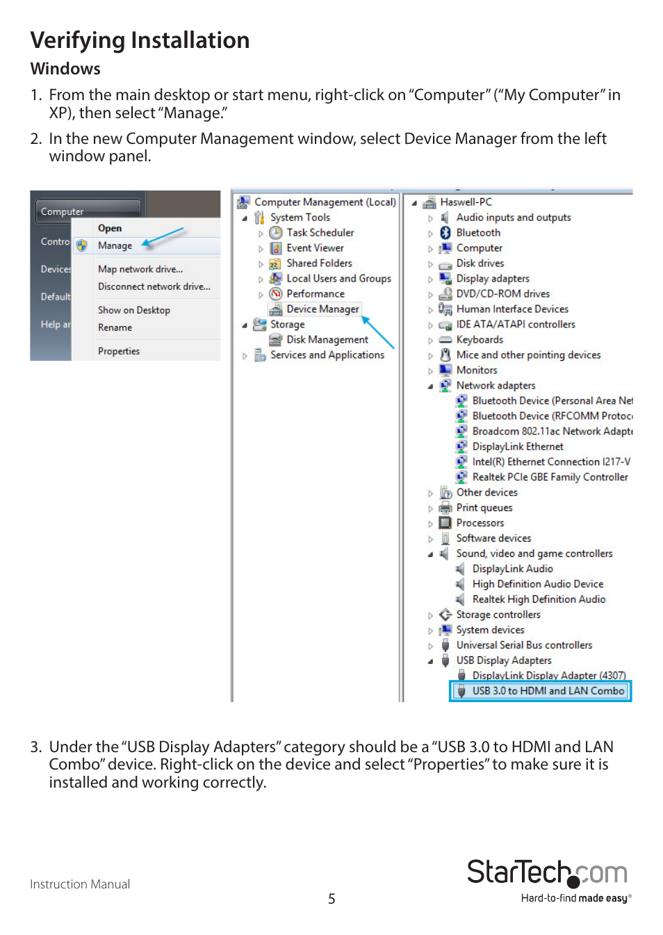 Verifying installation | StarTech.com USB31GEHD User Manual | Page 8 / 16