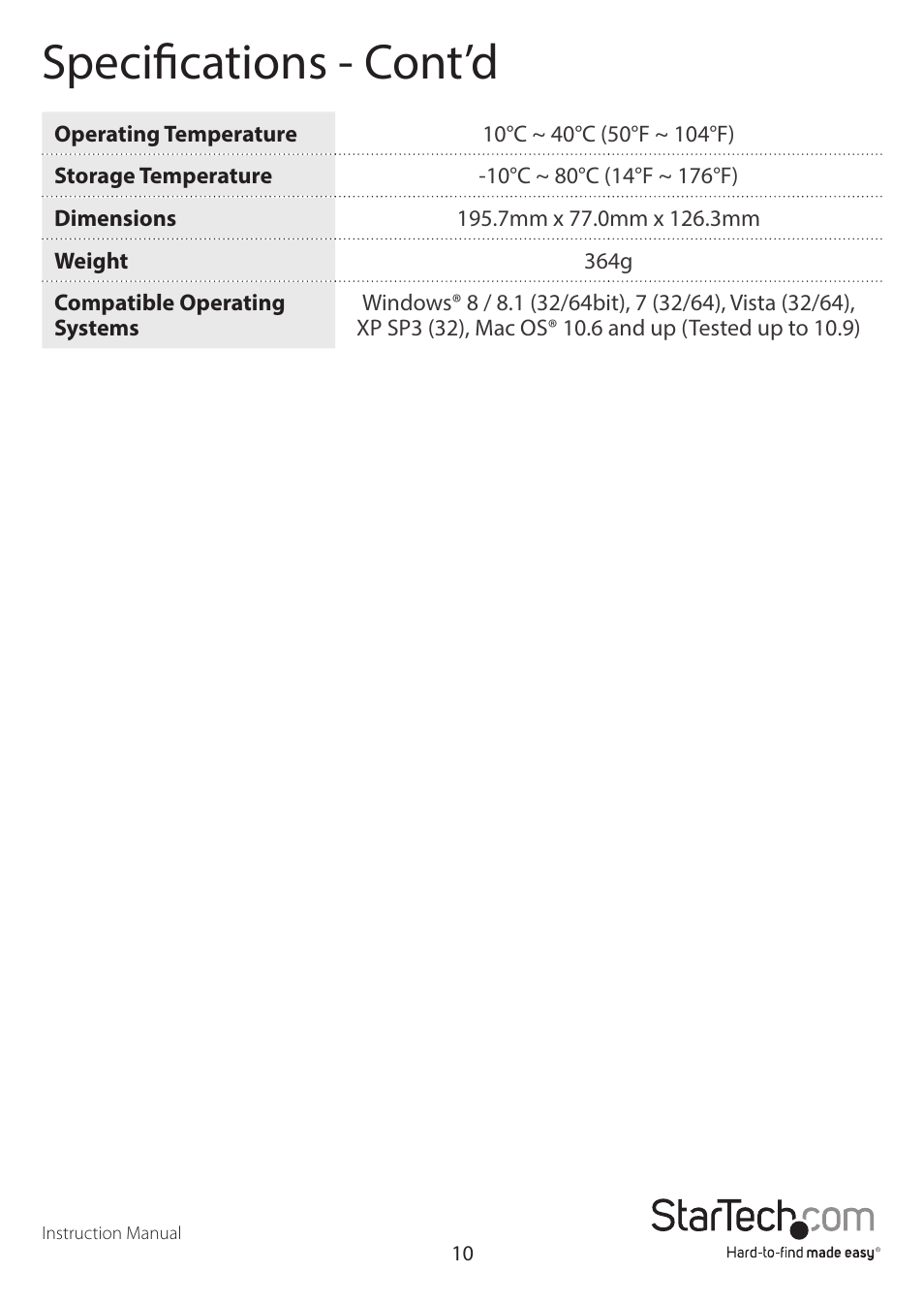 Specifications - cont’d | StarTech.com USB3SDOCKHD User Manual | Page 13 / 15