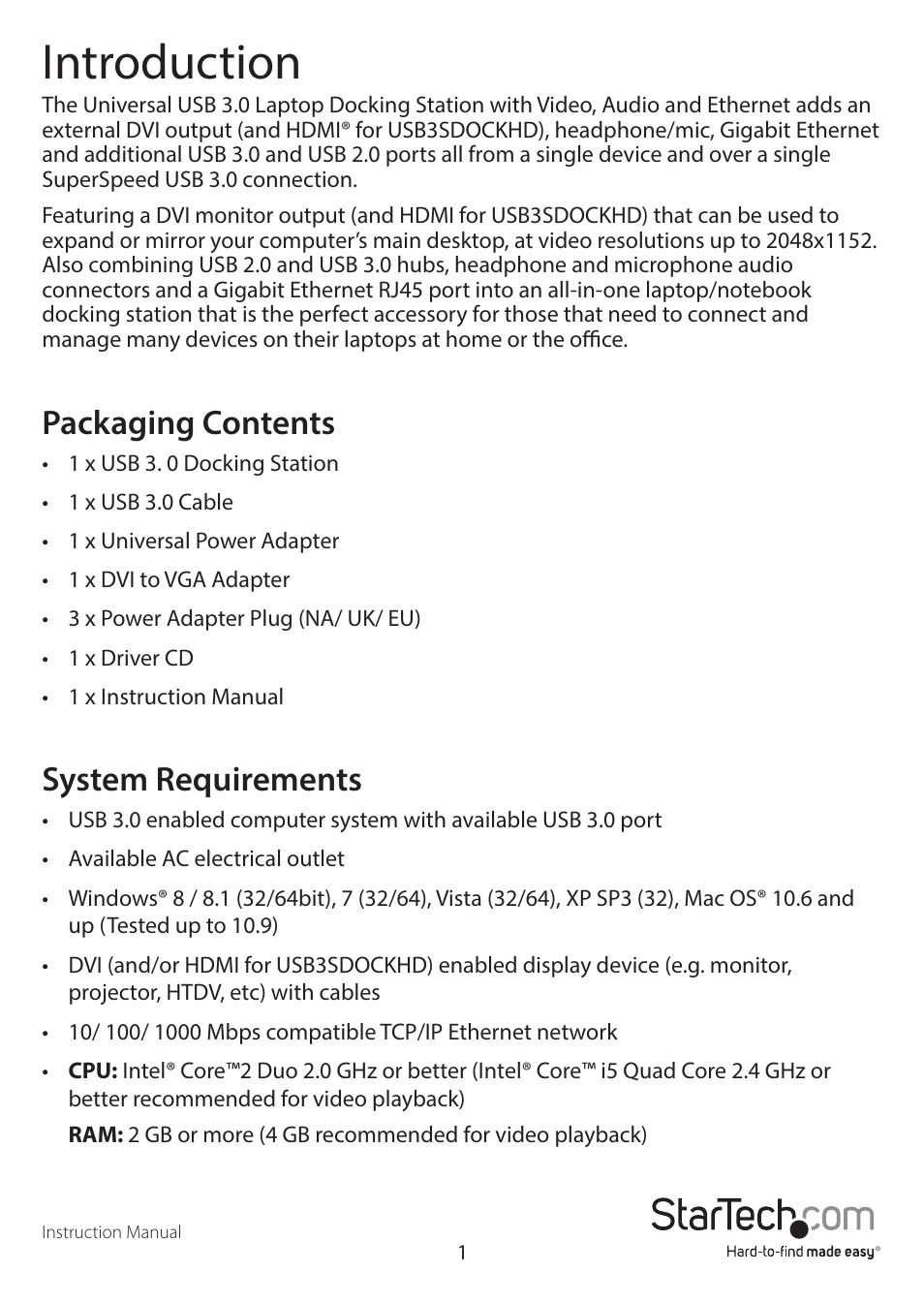 Introduction, Packaging contents, System requirements | StarTech.com USB3SDOCKHD User Manual | Page 4 / 15