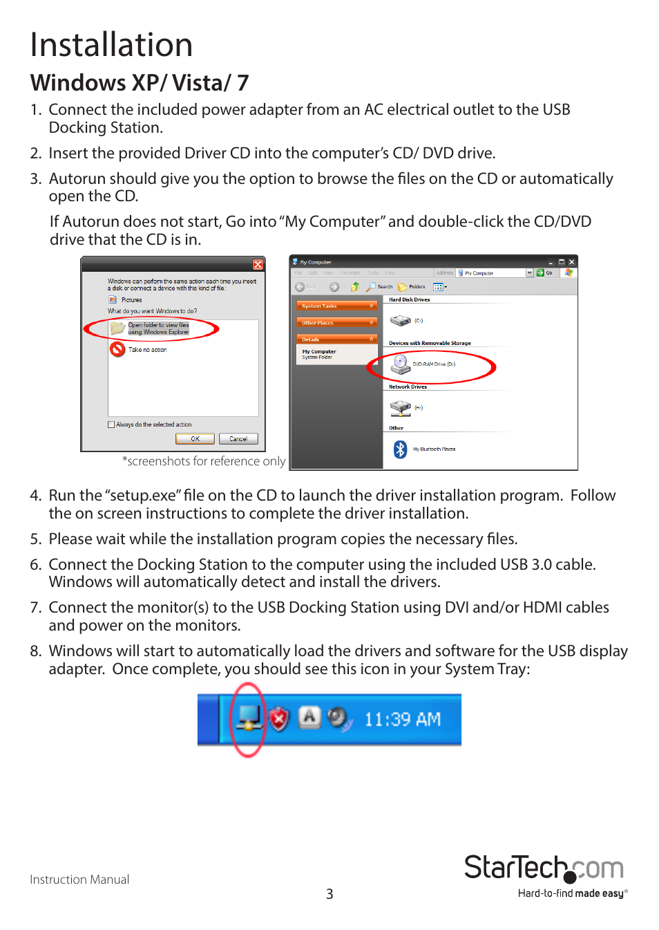 Installation, Windows xp/ vista/ 7 | StarTech.com USB3SDOCKHD User Manual | Page 6 / 15