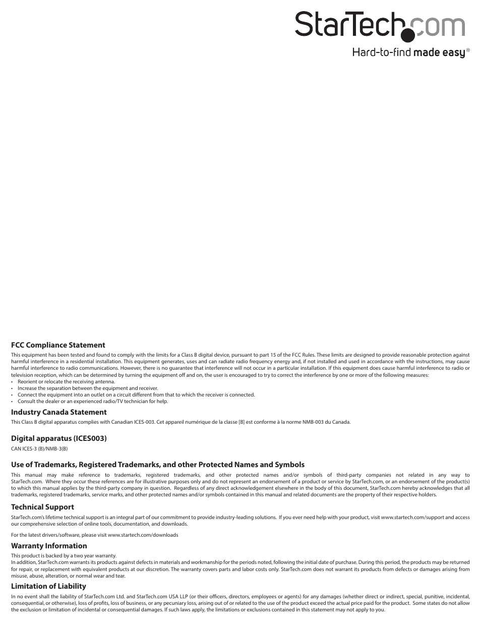 Fcc compliance statement, Industry canada statement, Digital apparatus (ices003) | Technical support, Warranty information, Limitation of liability | StarTech.com USB3SMDOCKHV User Manual | Page 2 / 2