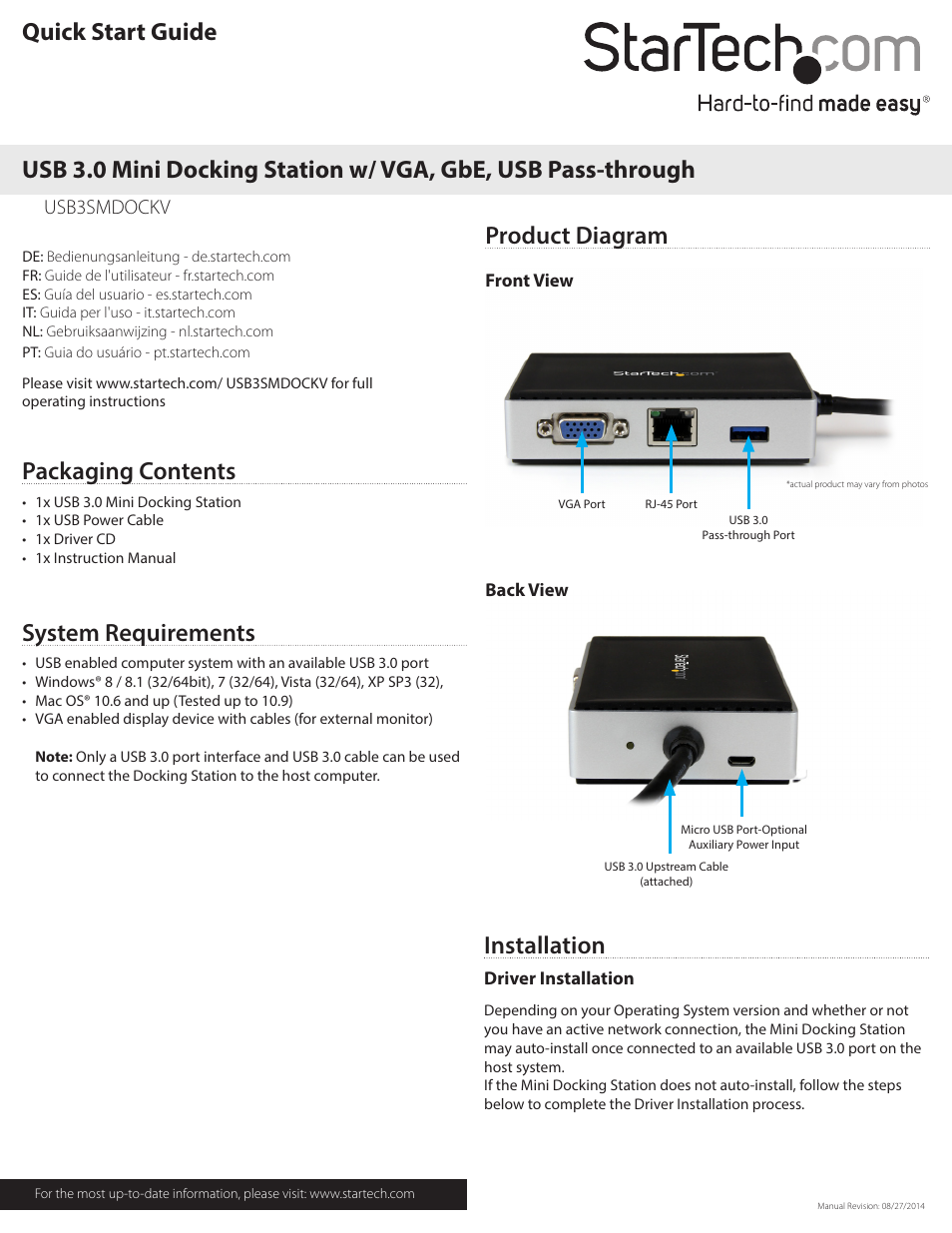 StarTech.com USB3SMDOCKV User Manual | 2 pages