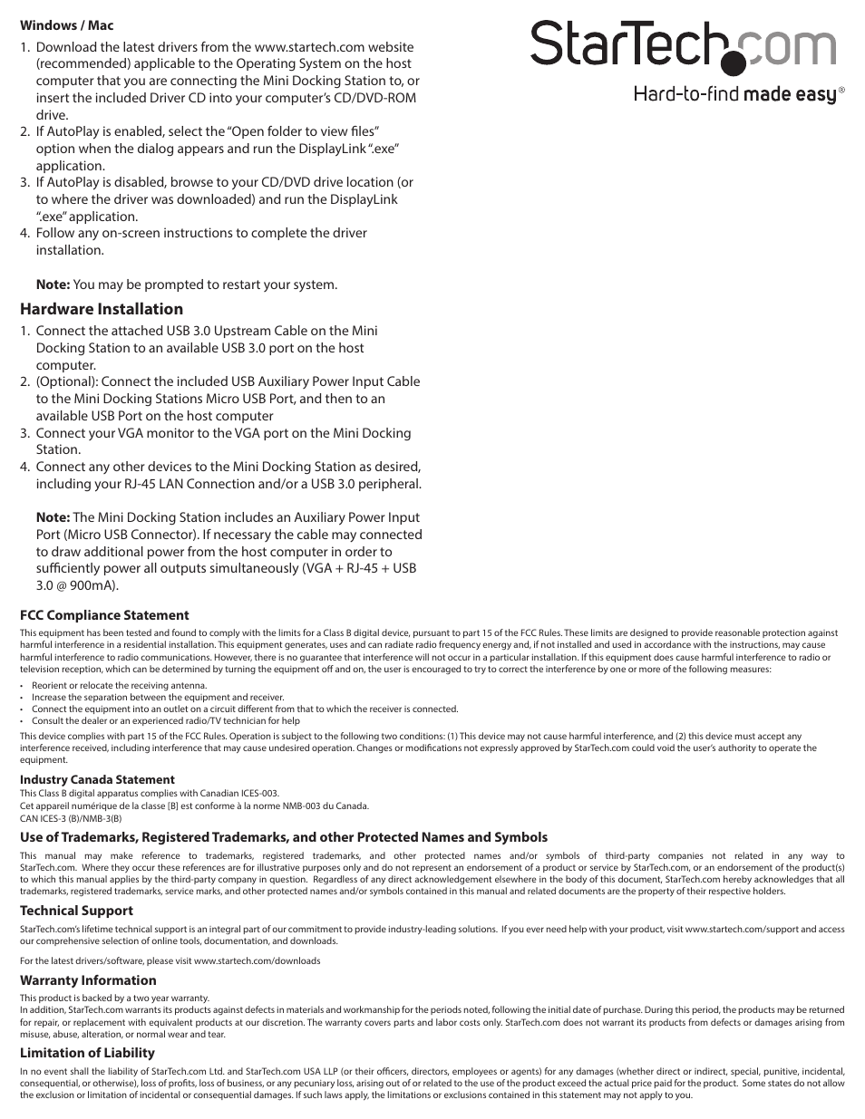 Hardware installation | StarTech.com USB3SMDOCKV User Manual | Page 2 / 2