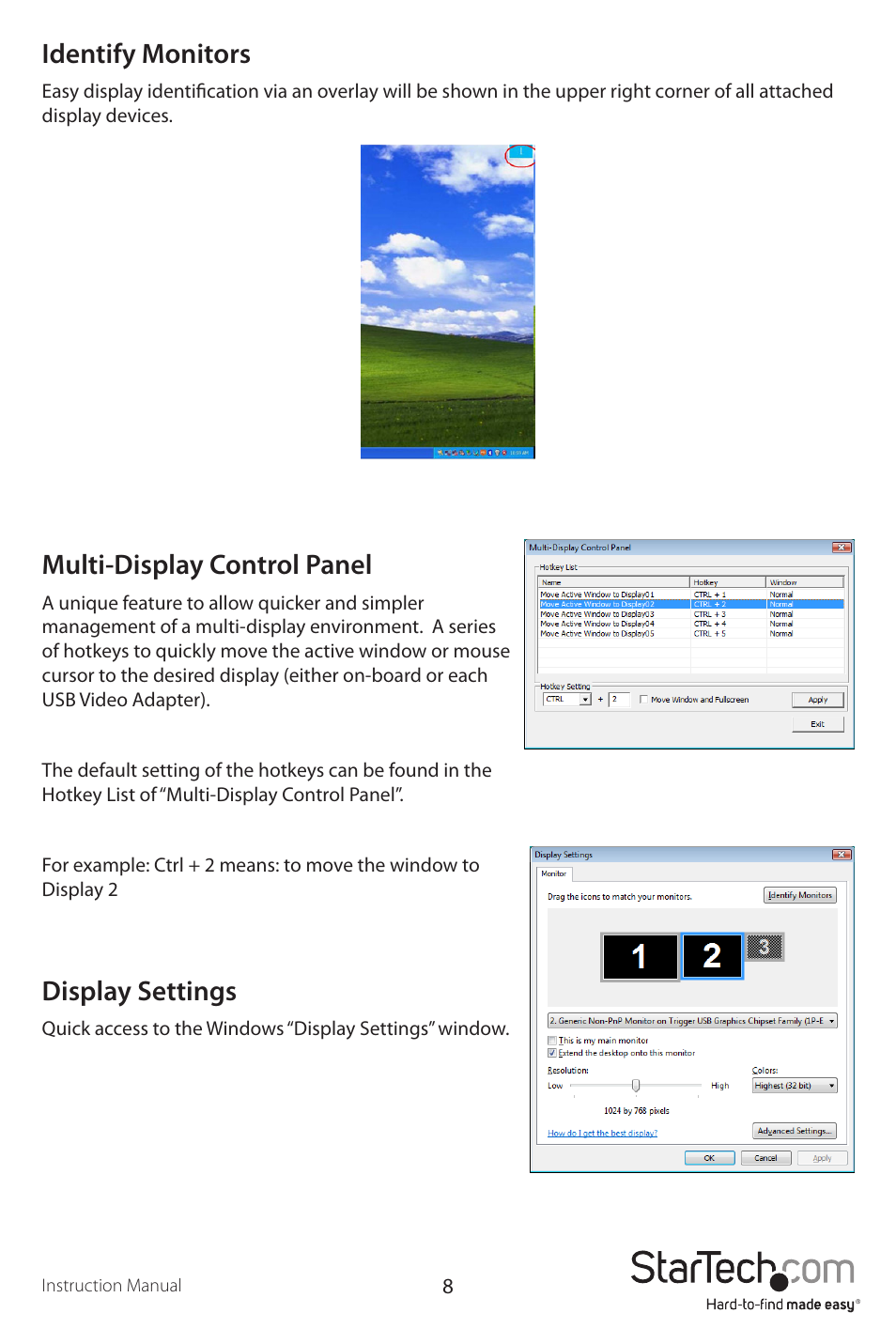 Identify monitors, Multi-display control panel, Display settings | StarTech.com USBVGADOCK2 User Manual | Page 11 / 15