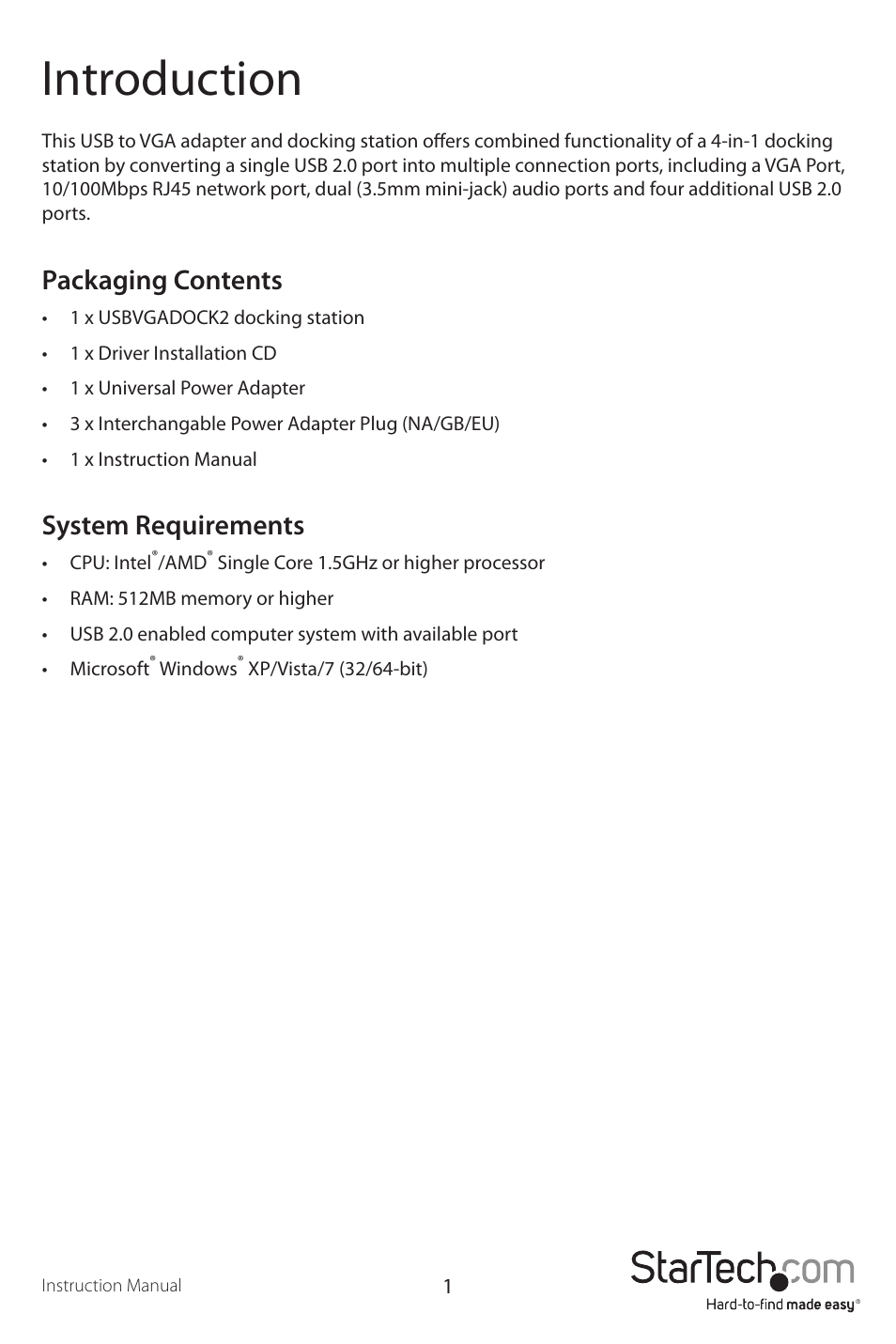 Introduction, Packaging contents, System requirements | StarTech.com USBVGADOCK2 User Manual | Page 4 / 15