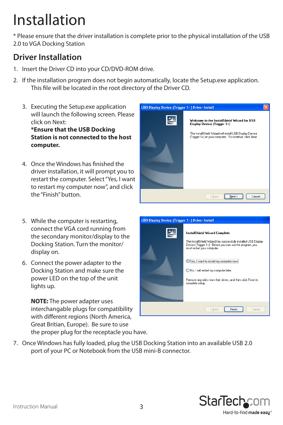 Installation, Driver installation | StarTech.com USBVGADOCK2 User Manual | Page 6 / 15
