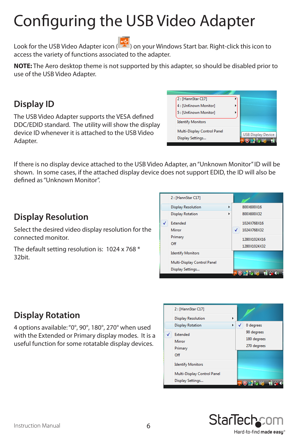 Configuring the usb video adapter, Display id, Display resolution | Display rotation | StarTech.com USBVGADOCK2 User Manual | Page 9 / 15