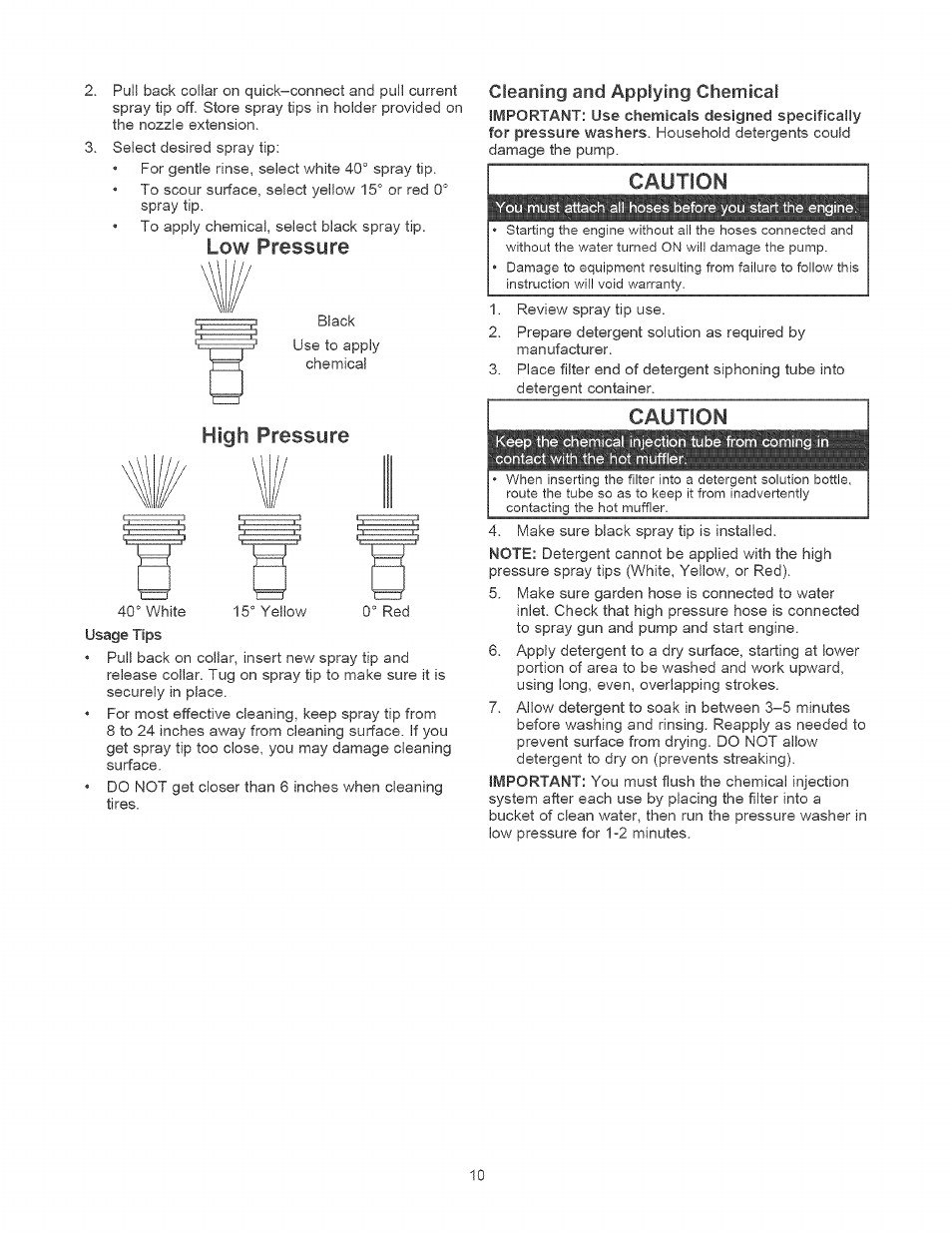 Low pressure, Cleaning and applying chemical, Caution | High pressure | Craftsman 580.752010 User Manual | Page 10 / 48