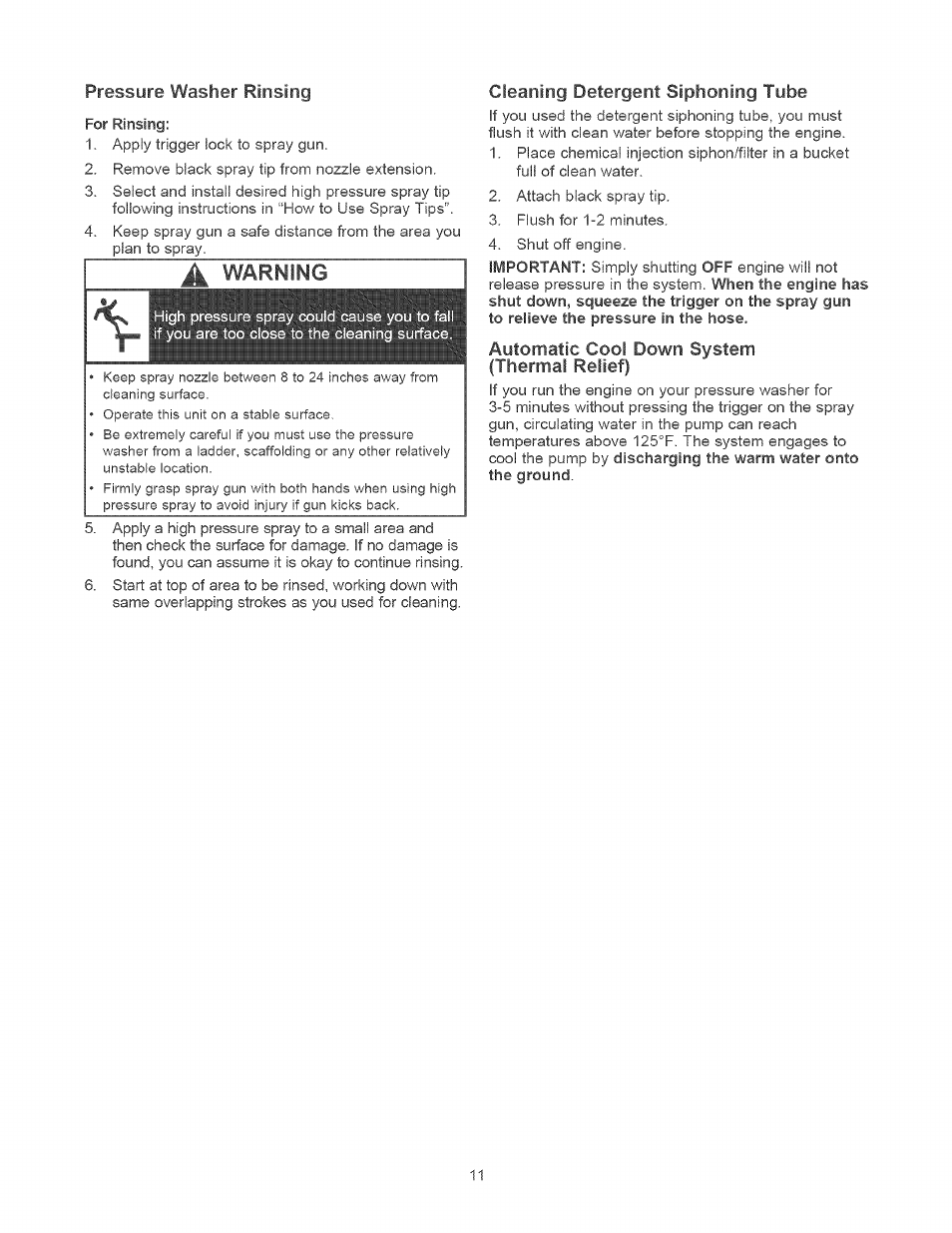 Pressure washer rinsing, Cleaning detergent siphoning tube, Aytomatic cool down system (thermal relief) | Craftsman 580.752010 User Manual | Page 11 / 48