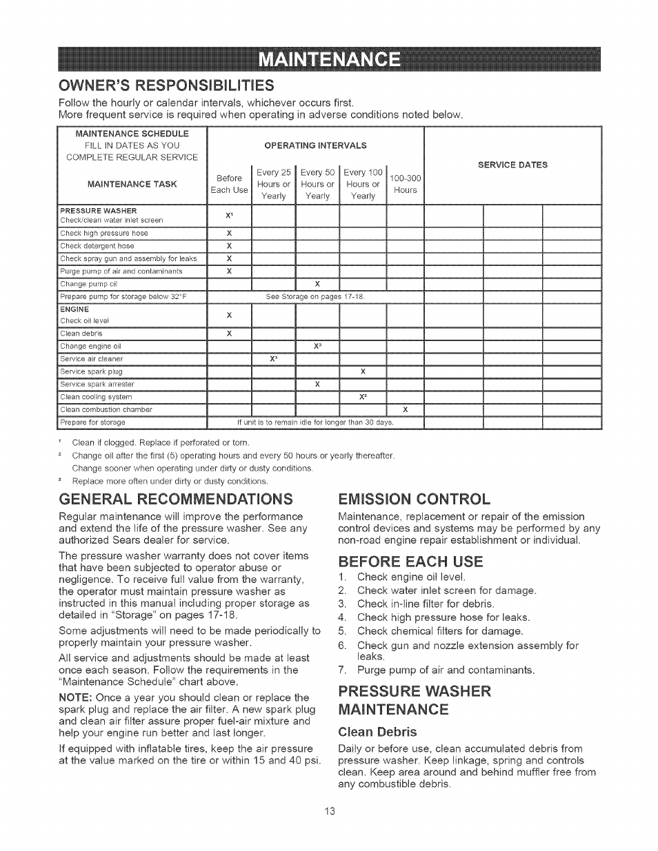 Owner’s responsibilities, General recommendations, Before each use | Pressure washer maintenance, Clean debris, Aintenanc, Emission control | Craftsman 580.752010 User Manual | Page 13 / 48