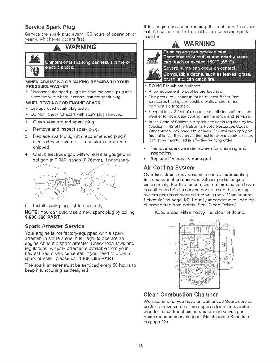 Service spark plug, Warning, Spark arrester service | Air cooling system, Clean combustion chamber | Craftsman 580.752010 User Manual | Page 16 / 48