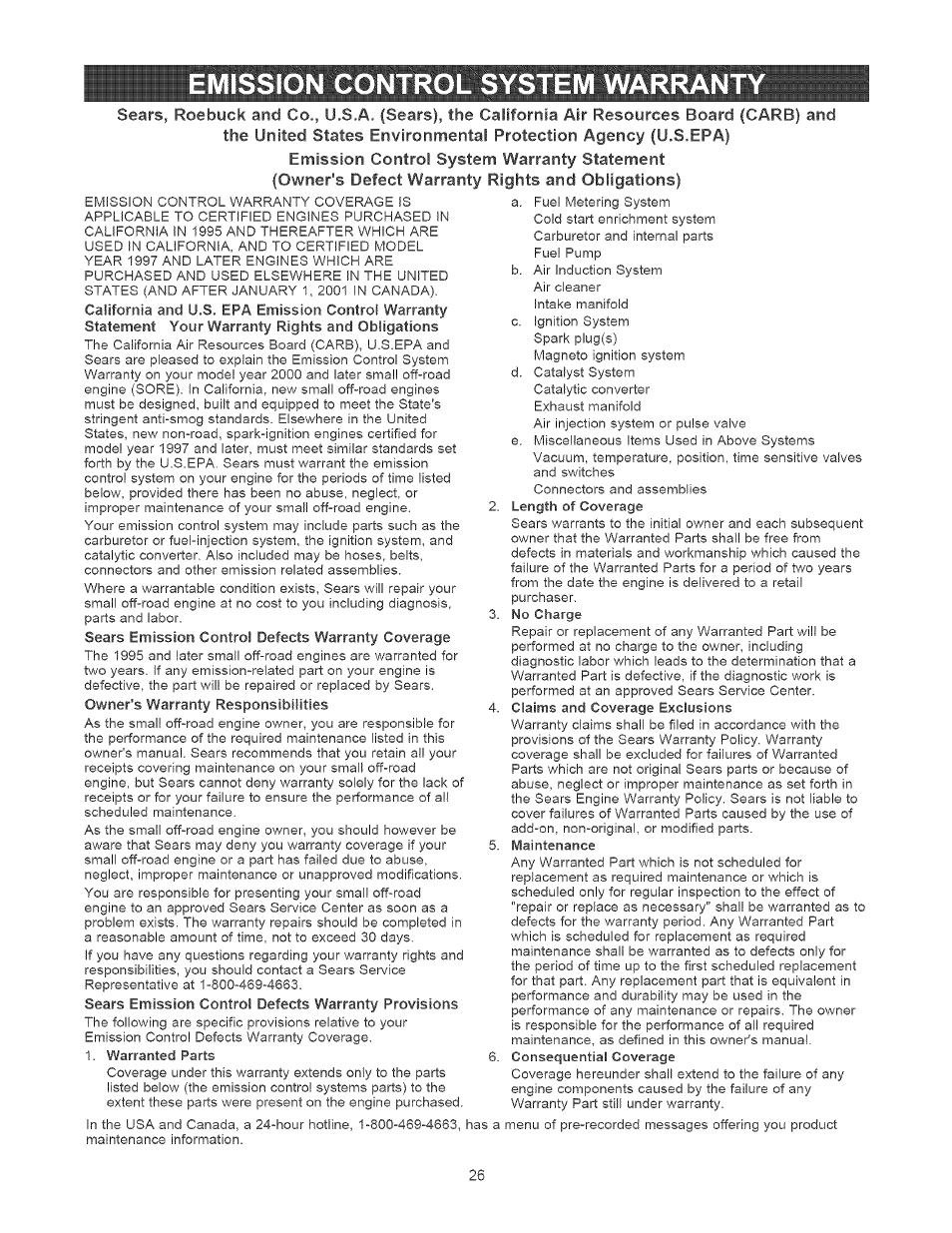 Emission control system warranty, Iemission control system warranty | Craftsman 580.752010 User Manual | Page 26 / 48